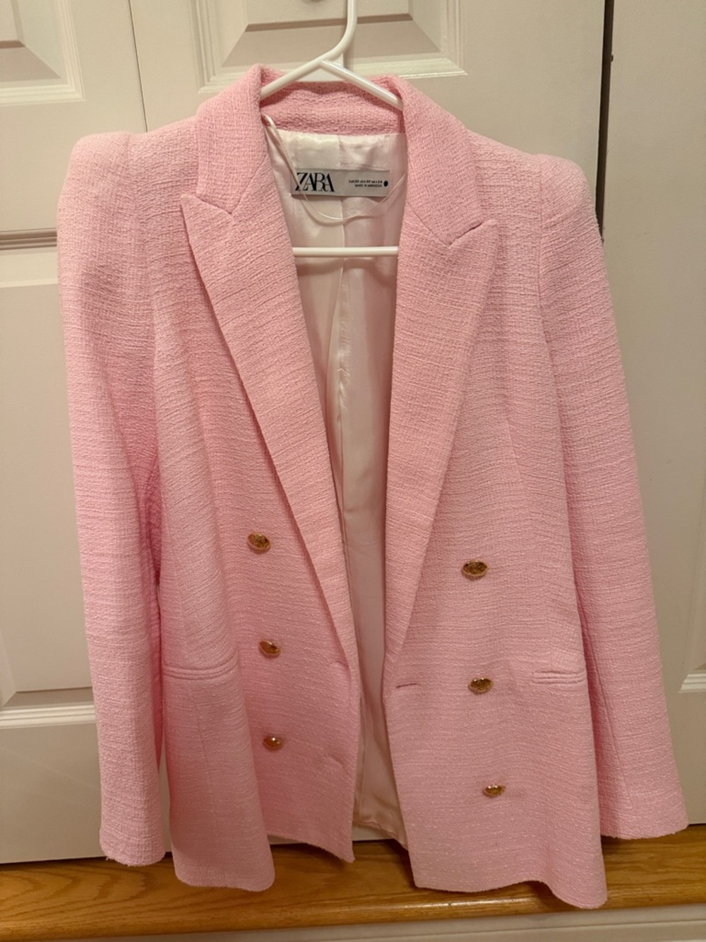 Zara Light Pink Double-Breasted Tweed Blazer